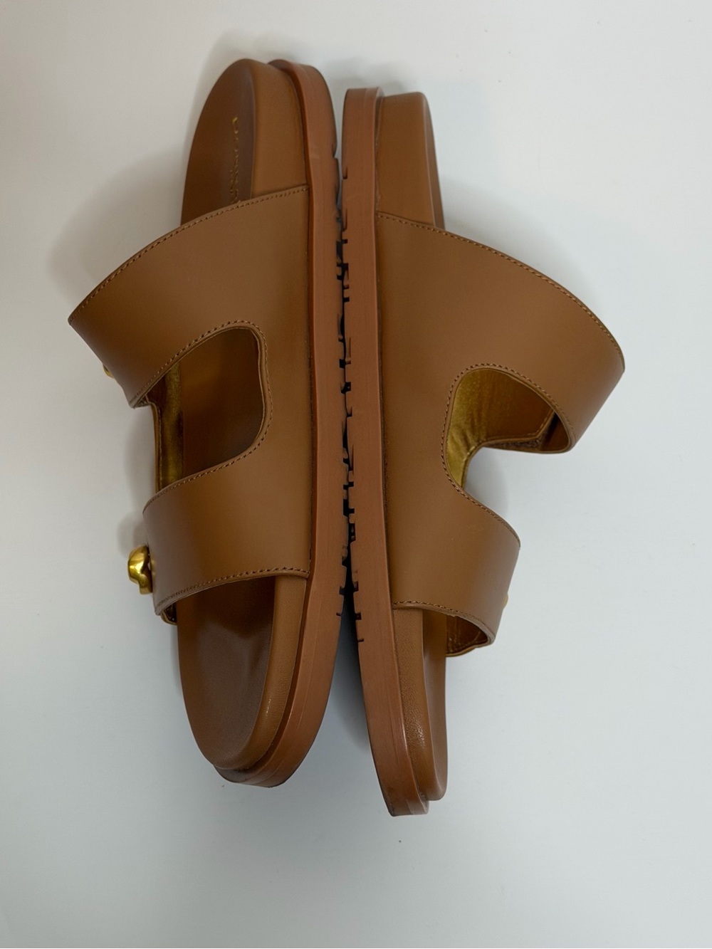 Donna Karan Hazley Cognac Leather Slip-On Sandals Double Strap Gold Accents 9 - Picture 9 of 15